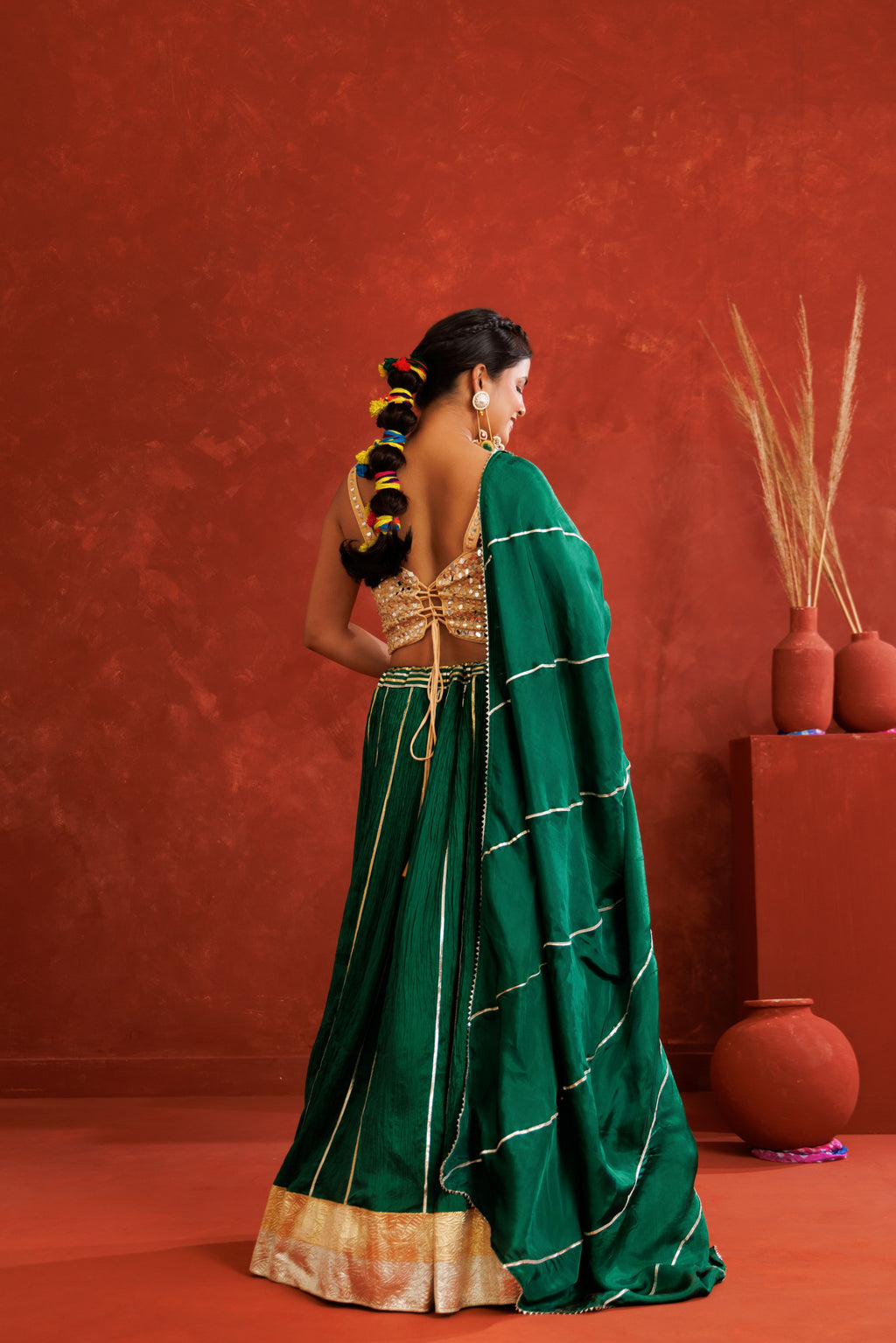 Green Silk Crinkle Lehenga Set