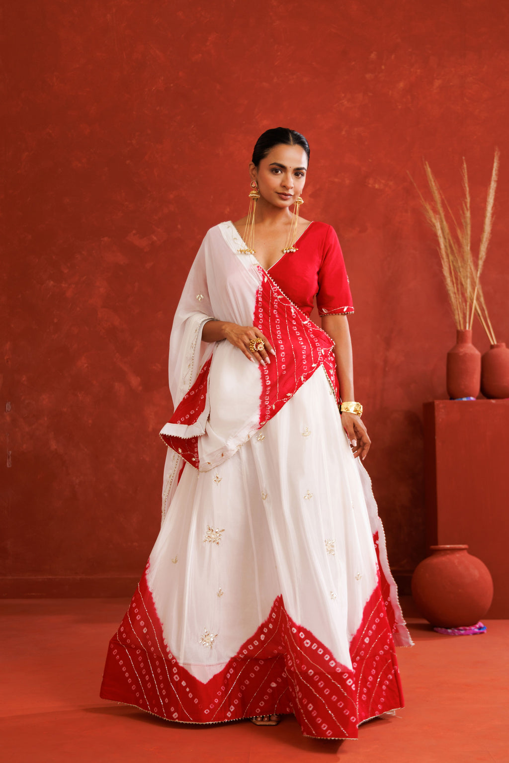 White & Red Leheriya Chinon Embroidered Lehenga Set