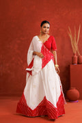White & Red Leheriya Chinon Embroidered Lehenga Set