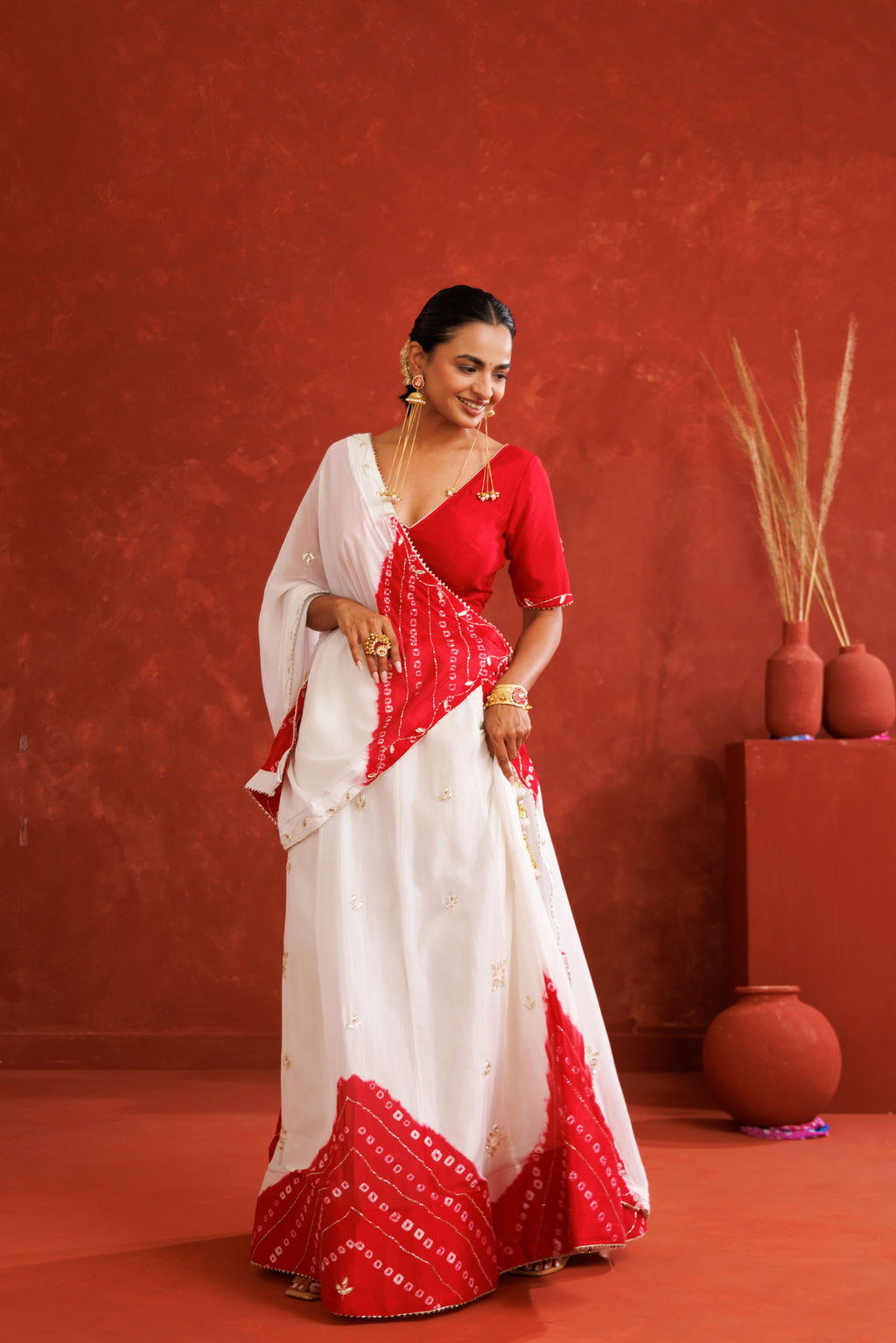 White & Red Leheriya Chinon Embroidered Lehenga Set