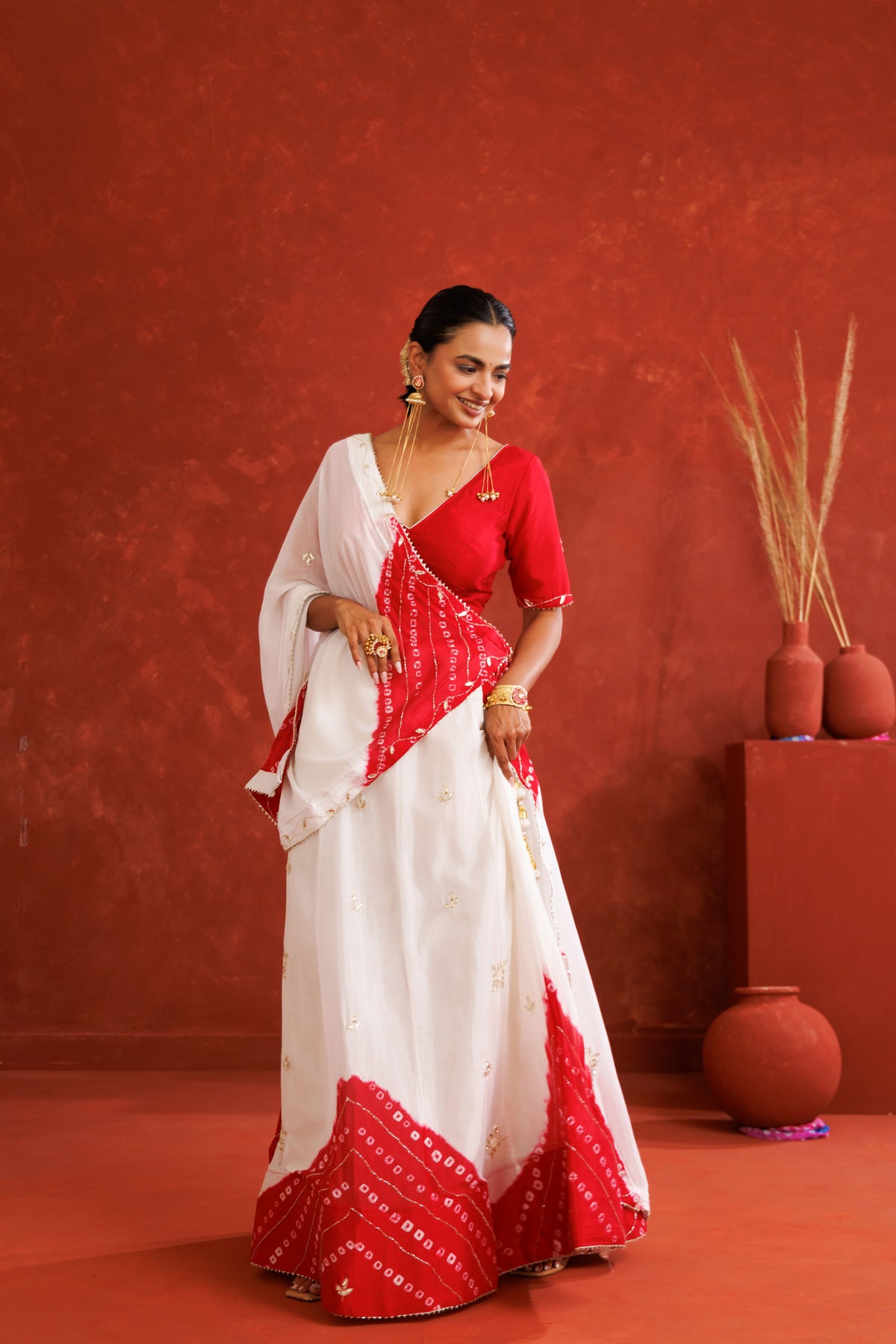 White & Red Leheriya Chinon Embroidered Lehenga Set