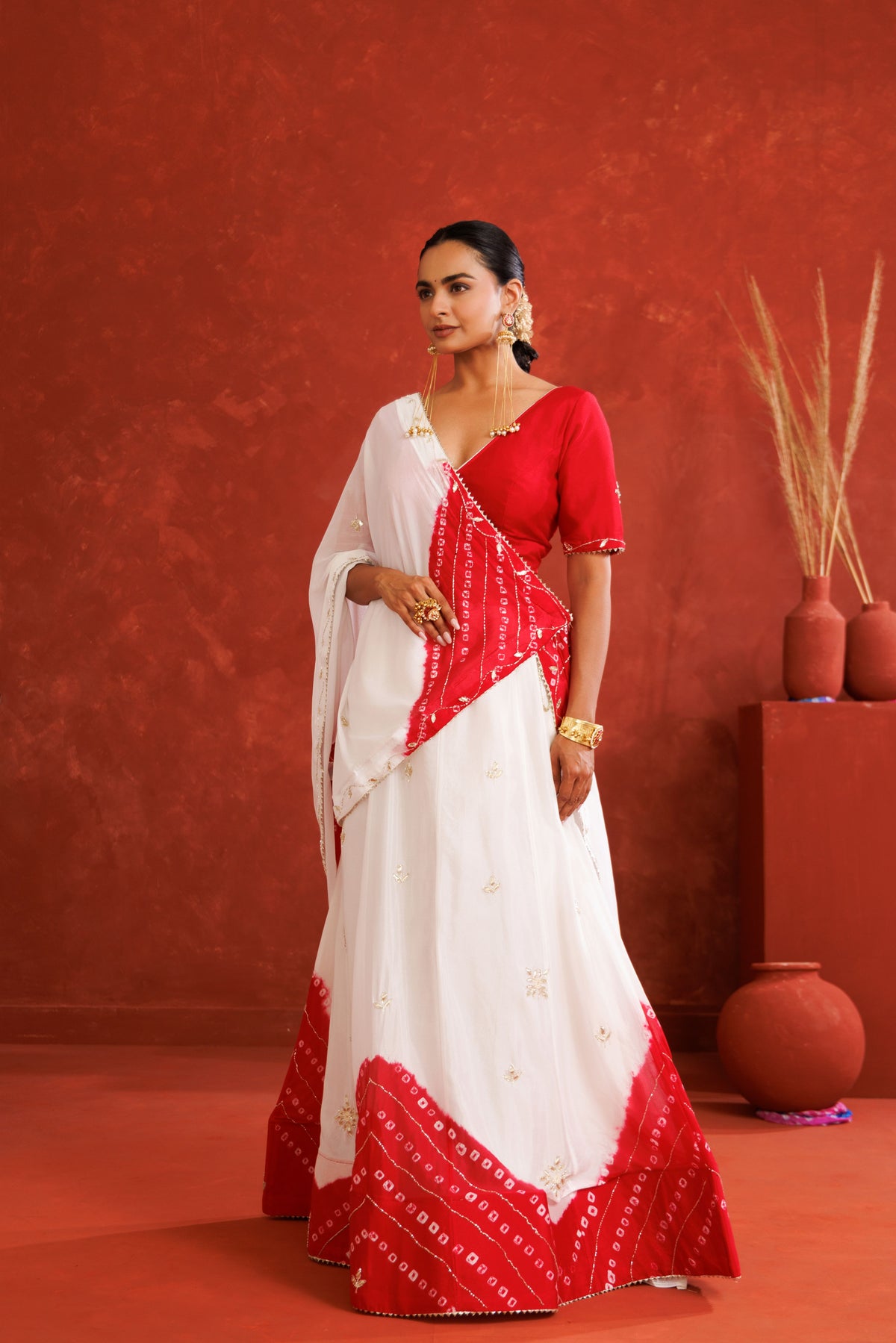 White & Red Leheriya Chinon Embroidered Lehenga Set