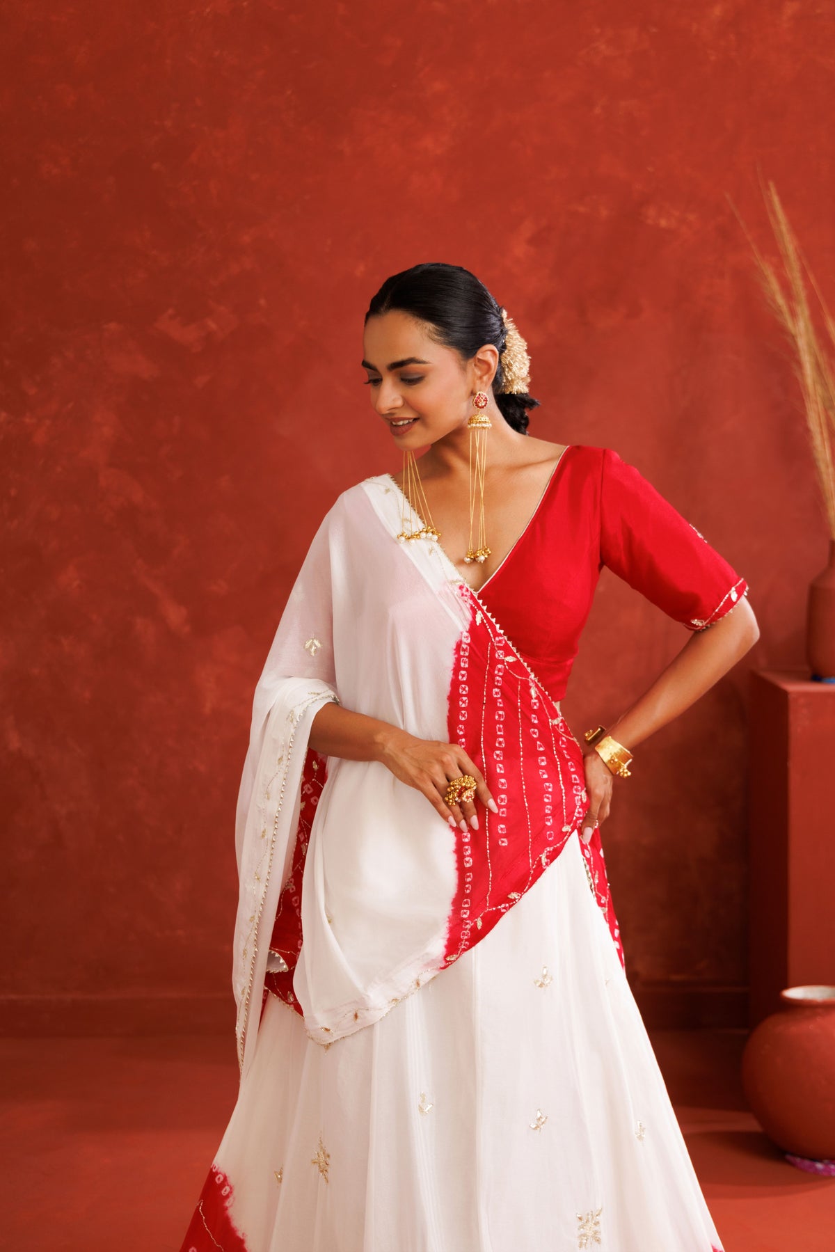 White & Red Leheriya Chinon Embroidered Lehenga Set