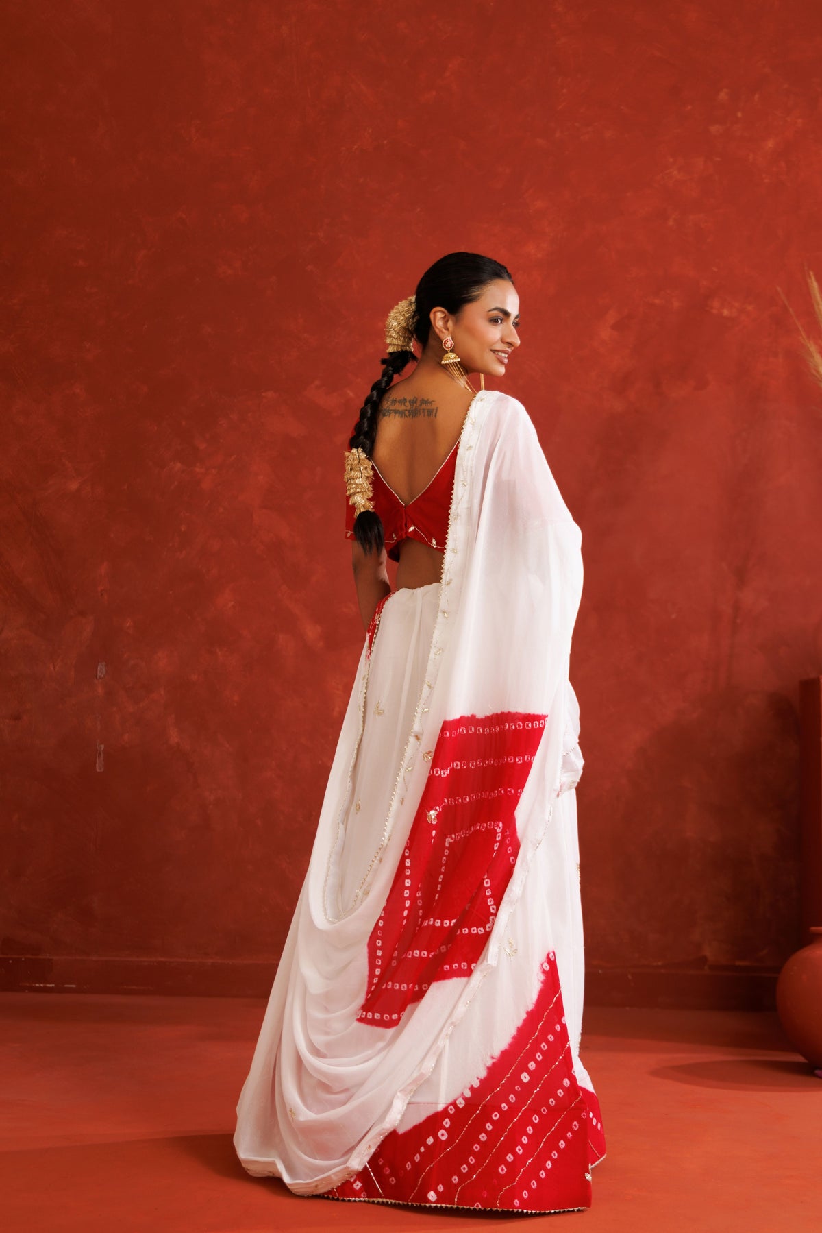 White & Red Leheriya Chinon Embroidered Lehenga Set