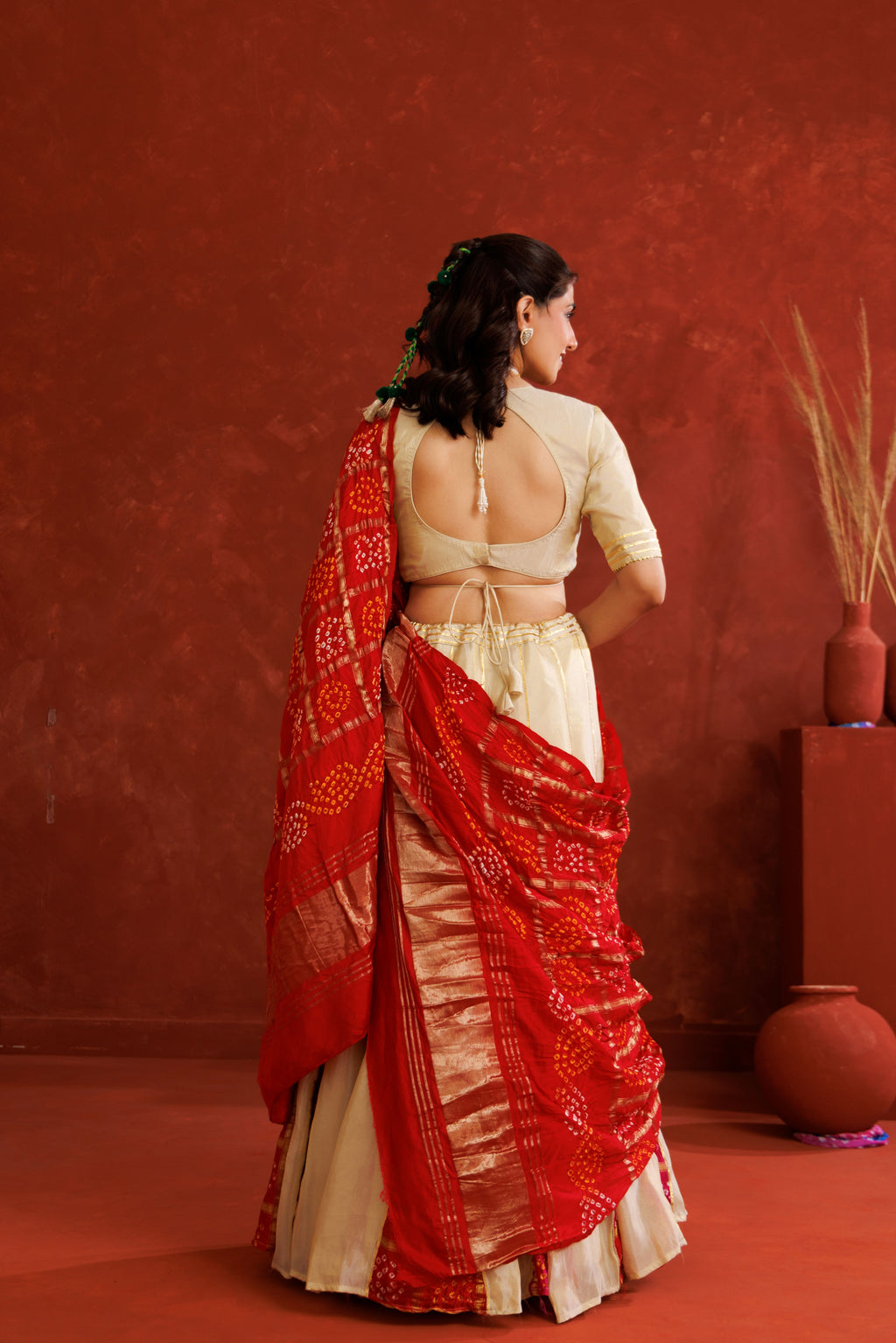 Off-White Tissue Bandhani Lehenga Set
