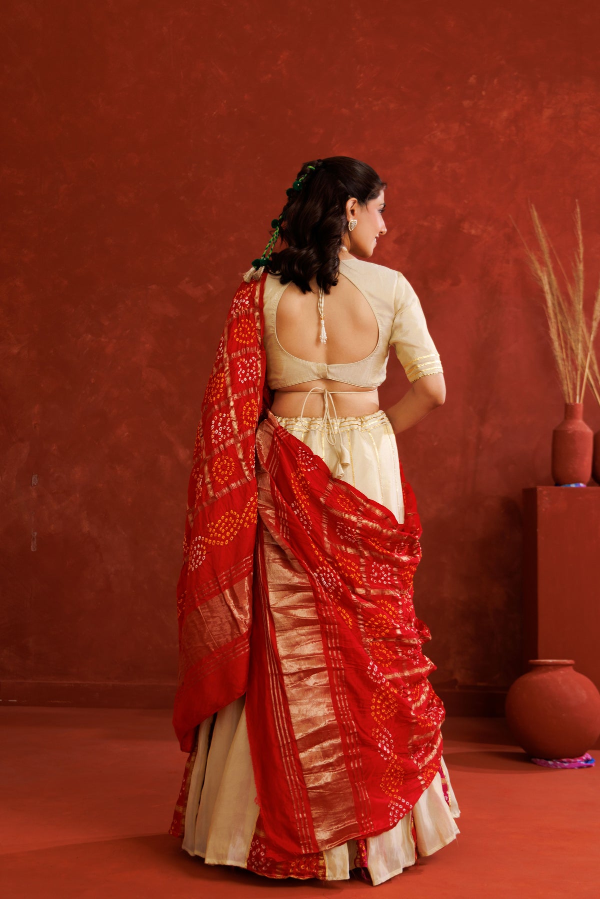 Off-White Tissue Bandhani Lehenga Set
