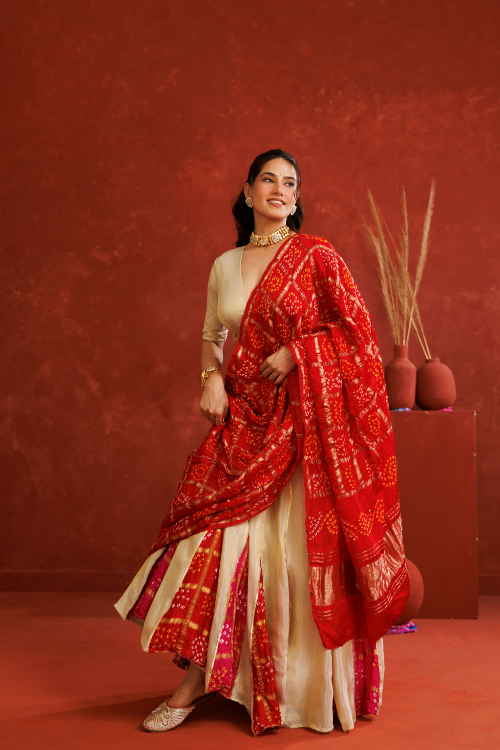 Off-White Tissue Bandhani Lehenga Set