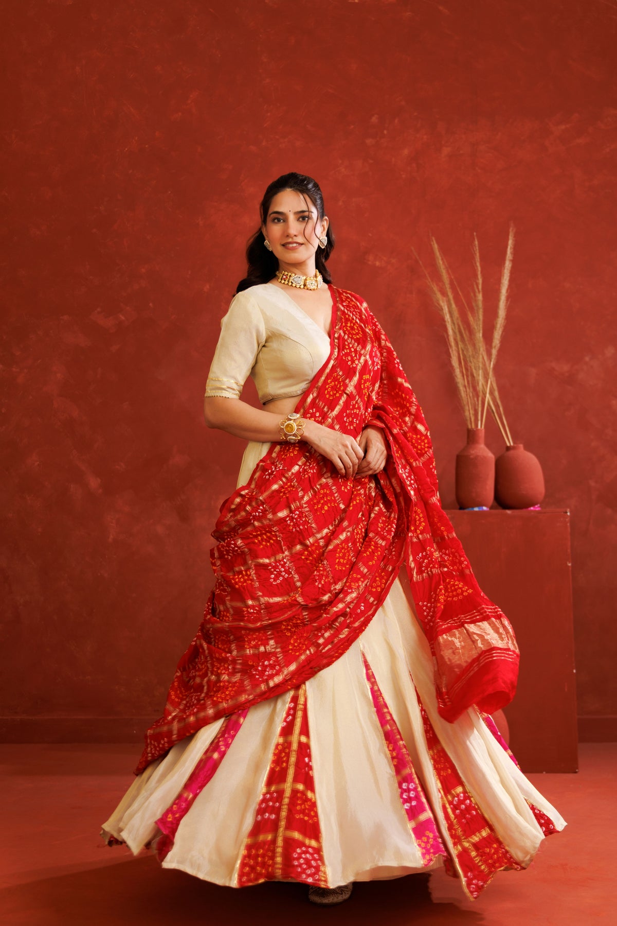 Off-White Tissue Bandhani Lehenga Set