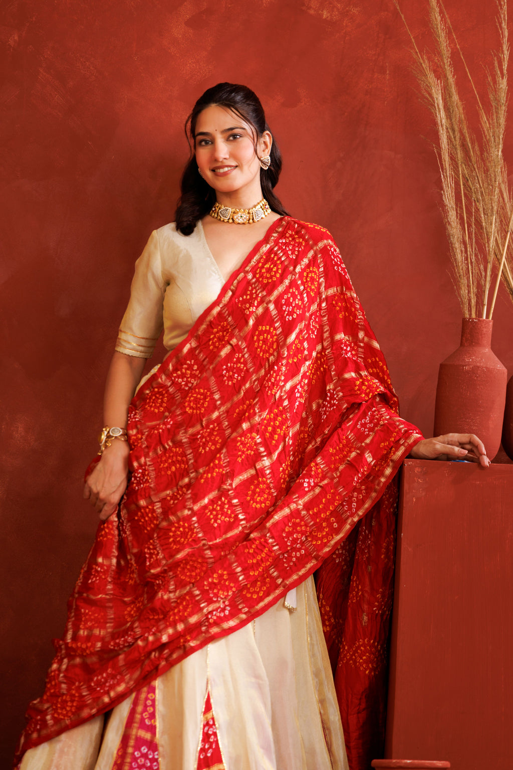 Off-White Tissue Bandhani Lehenga Set