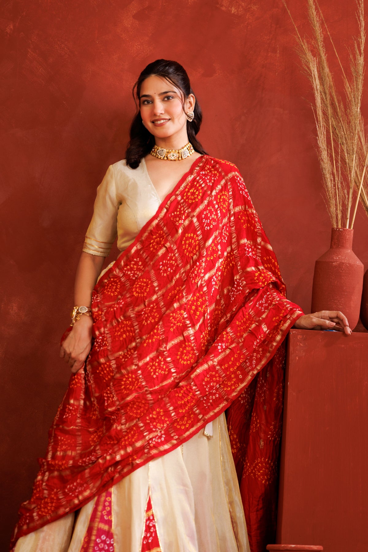 Off-White Tissue Bandhani Lehenga Set