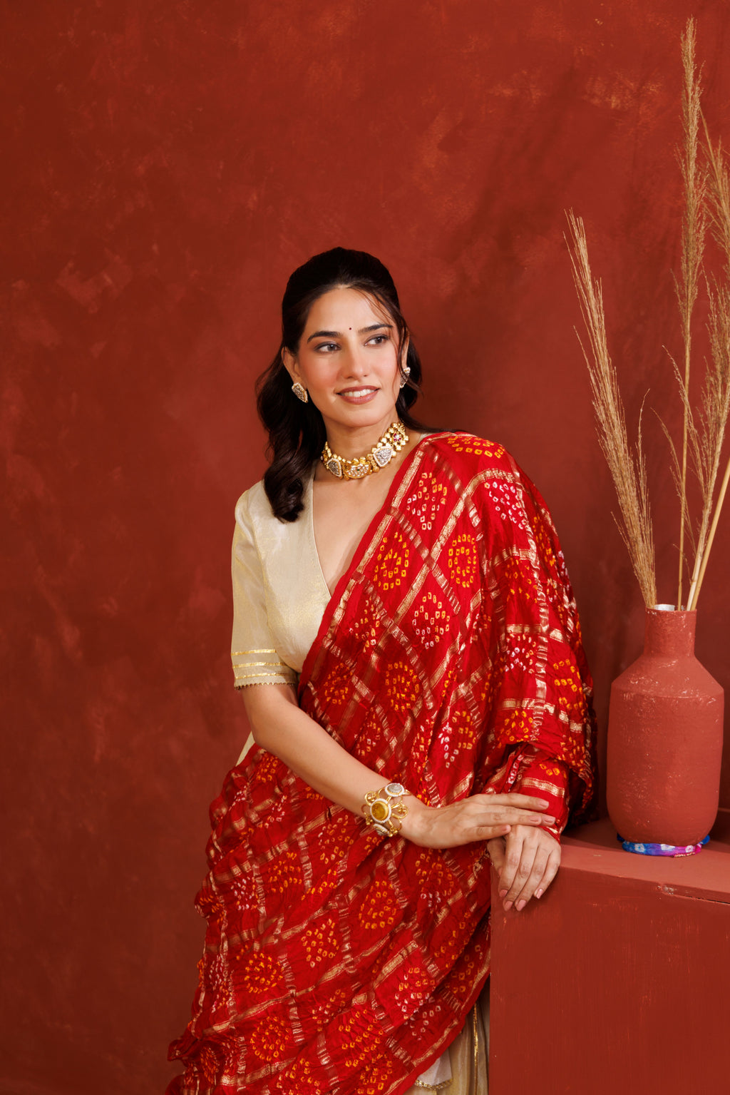 Off-White Tissue Bandhani Lehenga Set