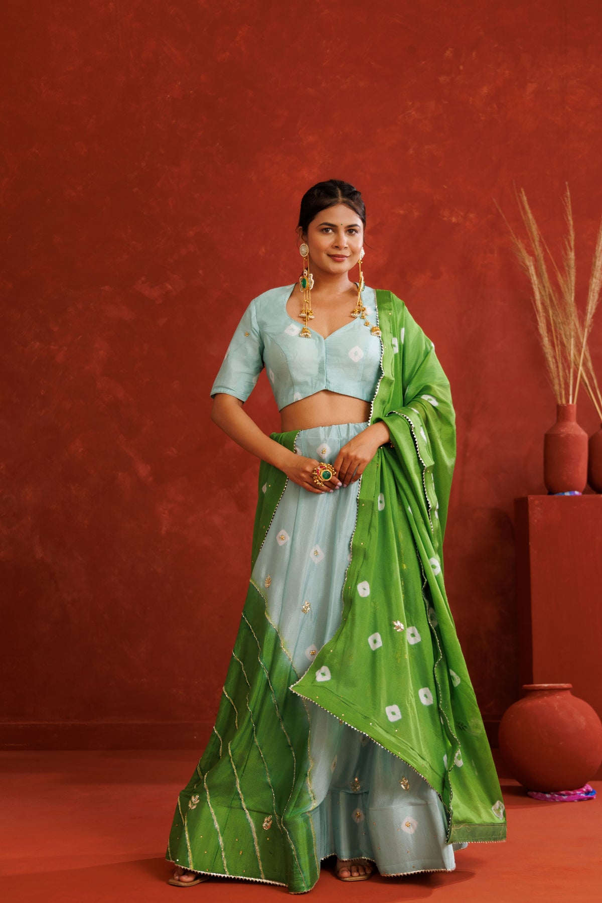 Blue and Green Leheriya Chinon Embroidered Lehenga Set