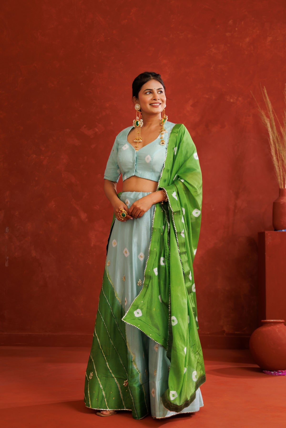 Blue and Green Leheriya Chinon Embroidered Lehenga Set