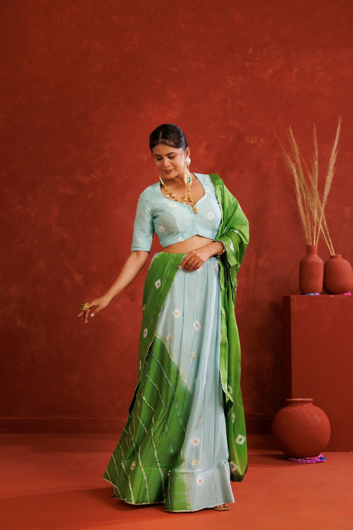 Blue and Green Leheriya Chinon Embroidered Lehenga Set
