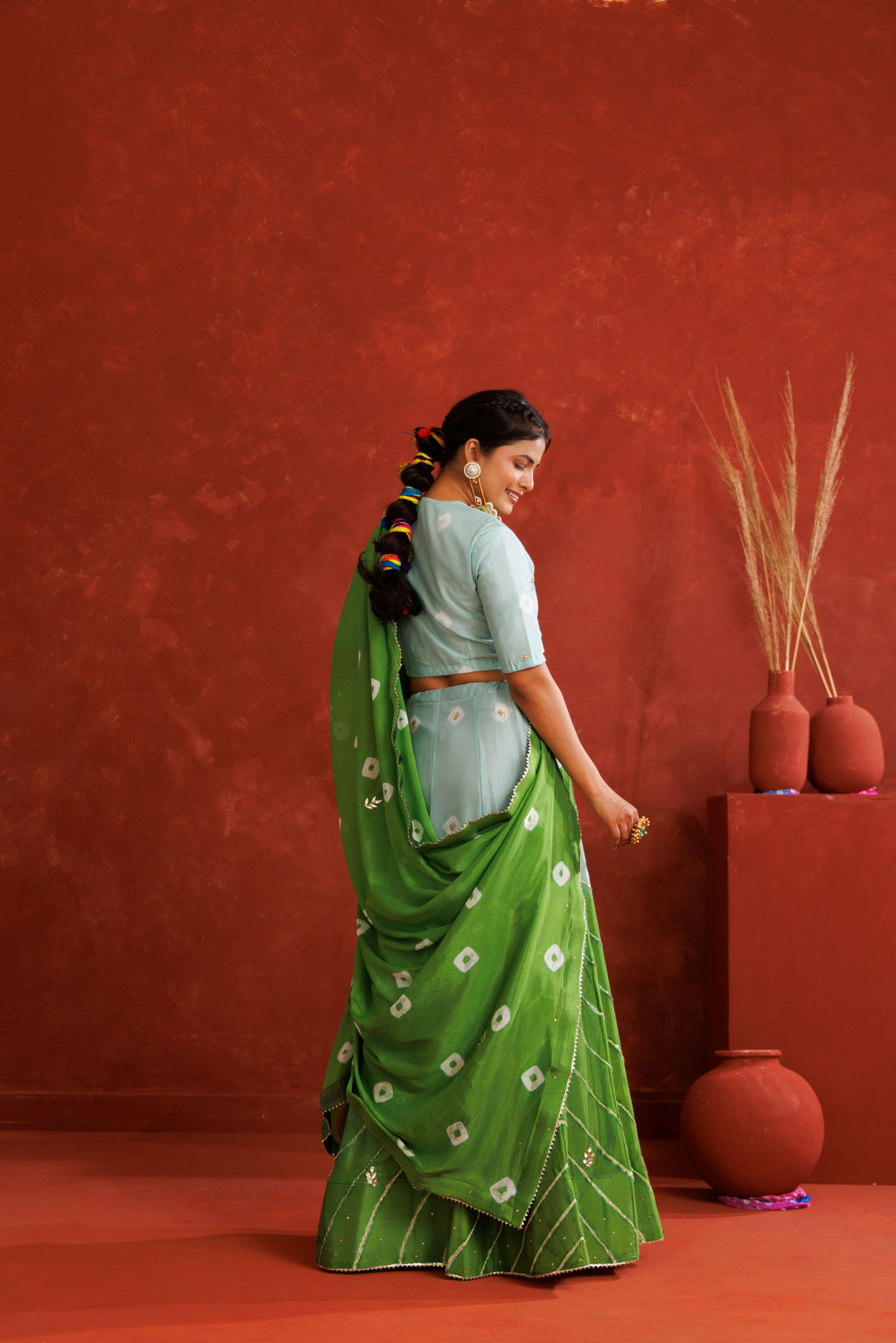 Blue and Green Leheriya Chinon Embroidered Lehenga Set