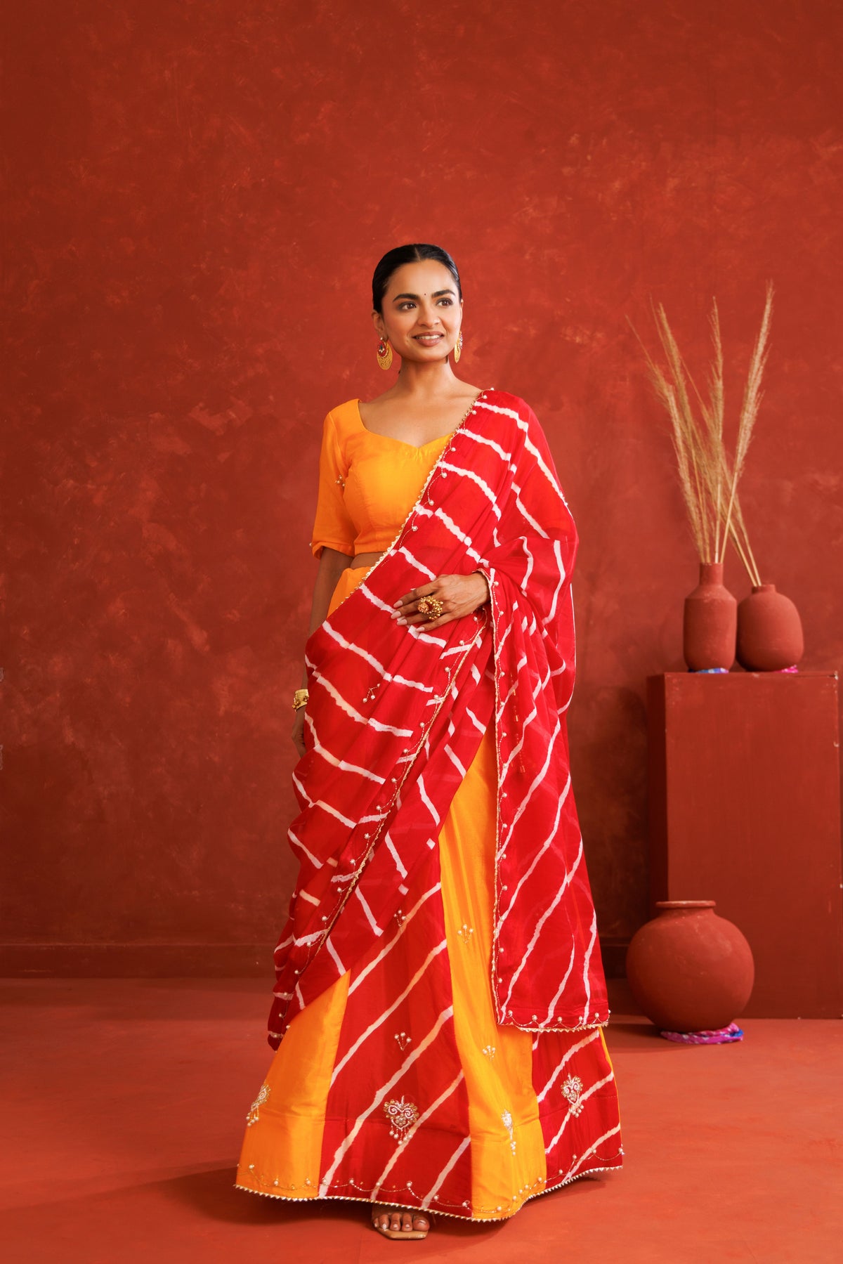 Yellow & Red Leheriya Chinon Embroidered Lehenga Set