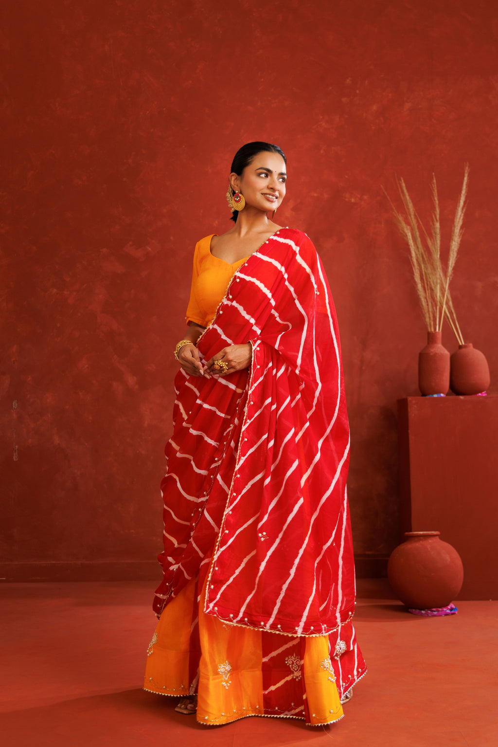 Yellow & Red Leheriya Chinon Embroidered Lehenga Set
