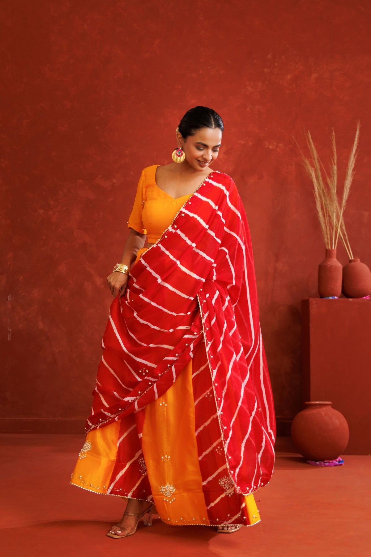 Yellow & Red Leheriya Chinon Embroidered Lehenga Set