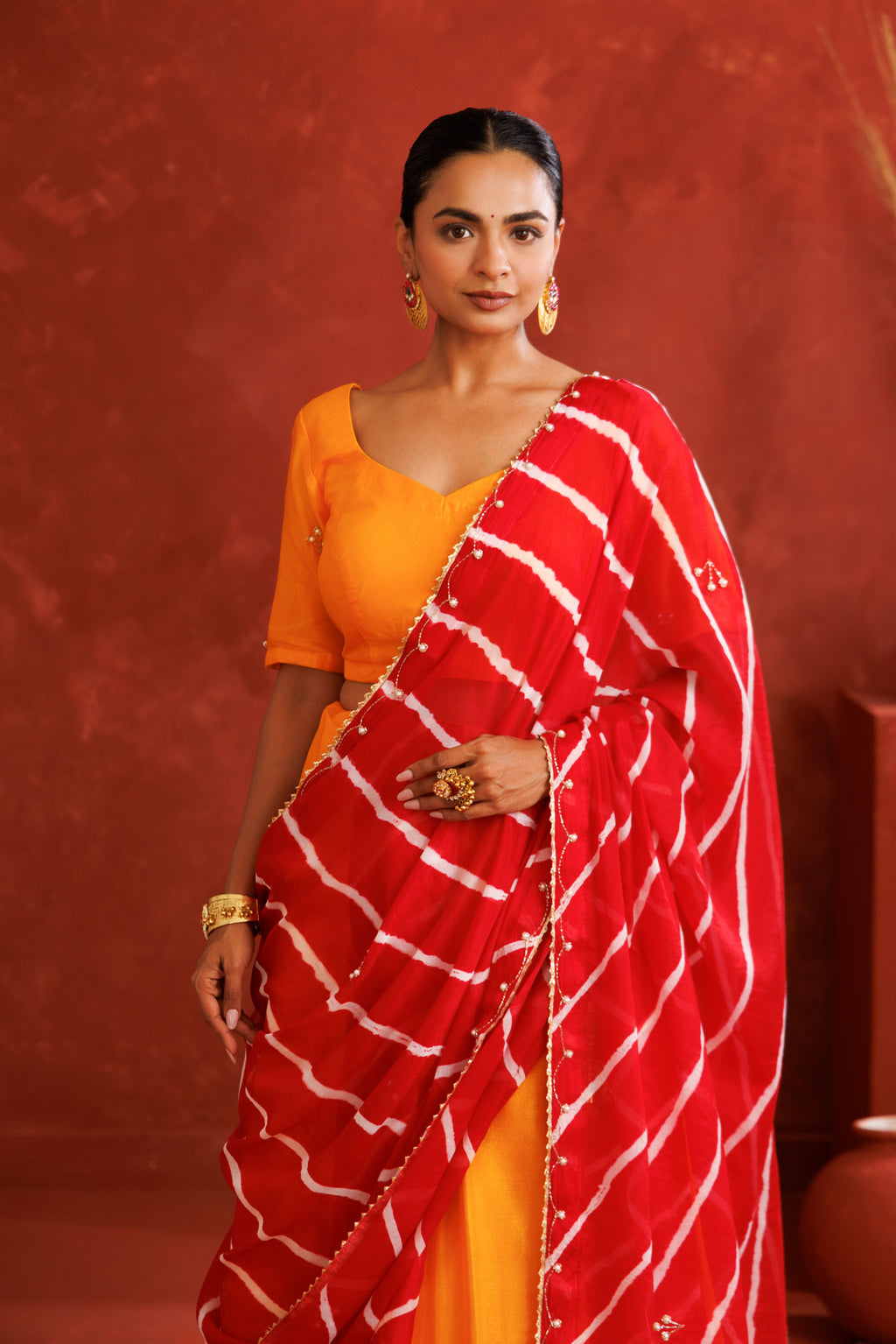 Yellow & Red Leheriya Chinon Embroidered Lehenga Set