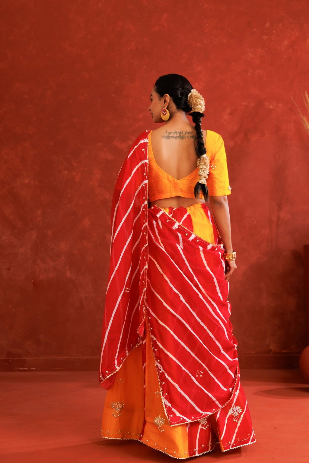 Yellow & Red Leheriya Chinon Embroidered Lehenga Set