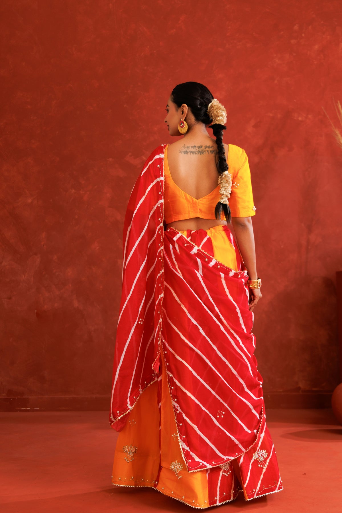 Yellow & Red Leheriya Chinon Embroidered Lehenga Set