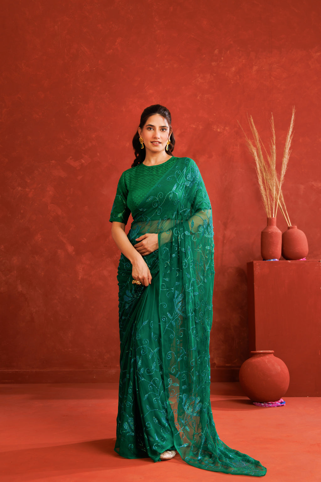 Green Handcrafted Sequins Jaal Chiffon Saree