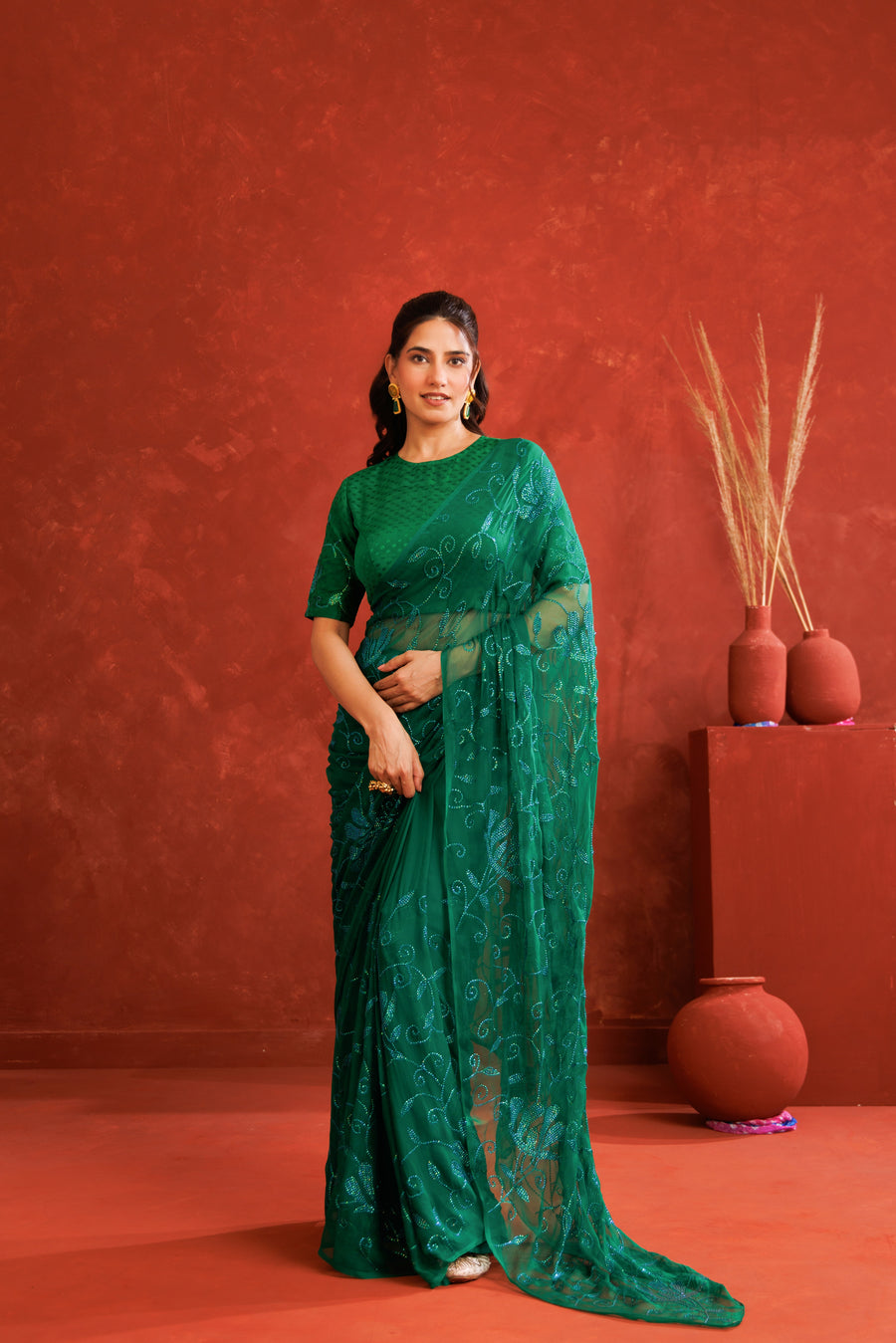 Green Handcrafted Sequins Jaal Chiffon Saree