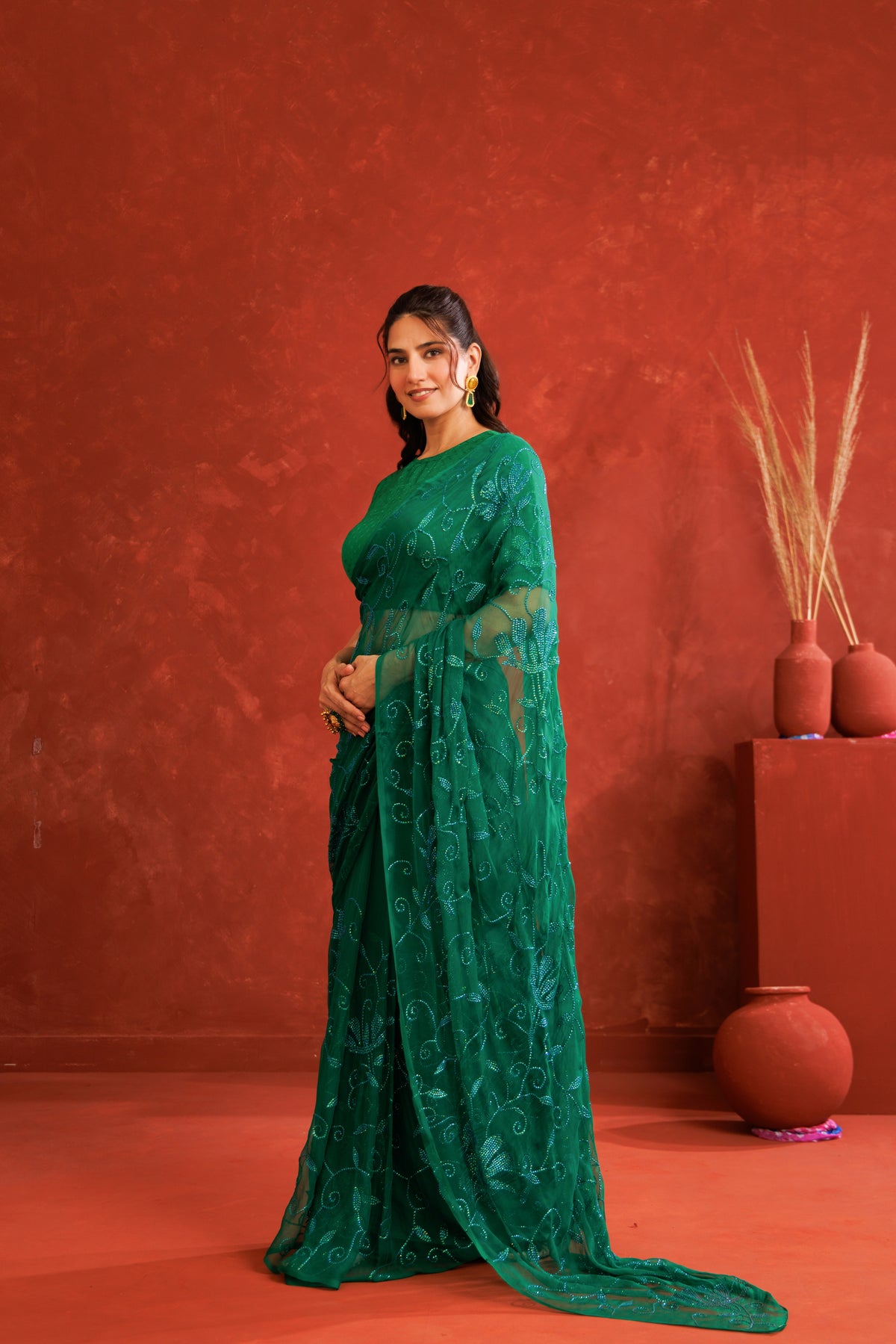 Green Handcrafted Sequins Jaal Chiffon Saree