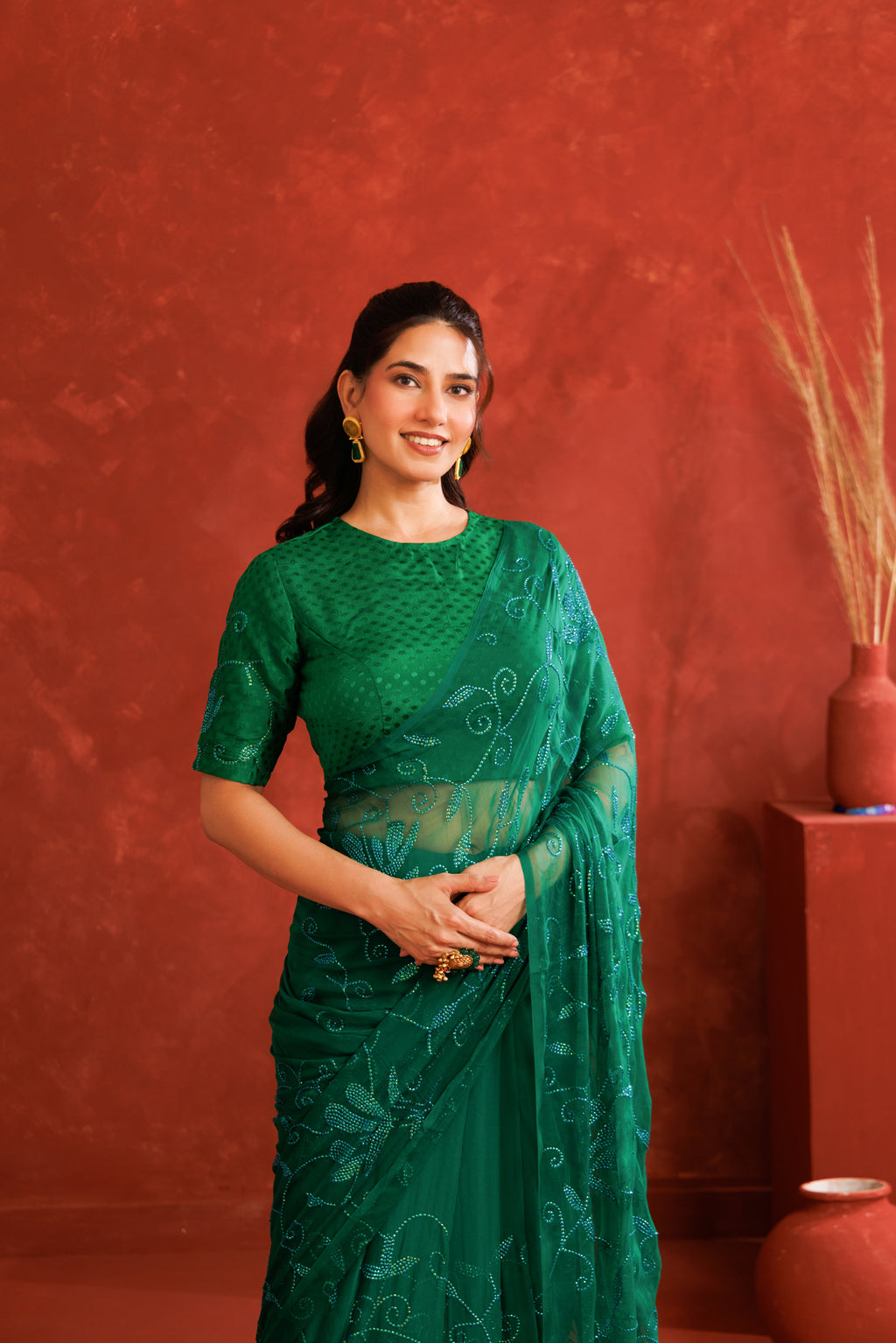 Green Handcrafted Sequins Jaal Chiffon Saree