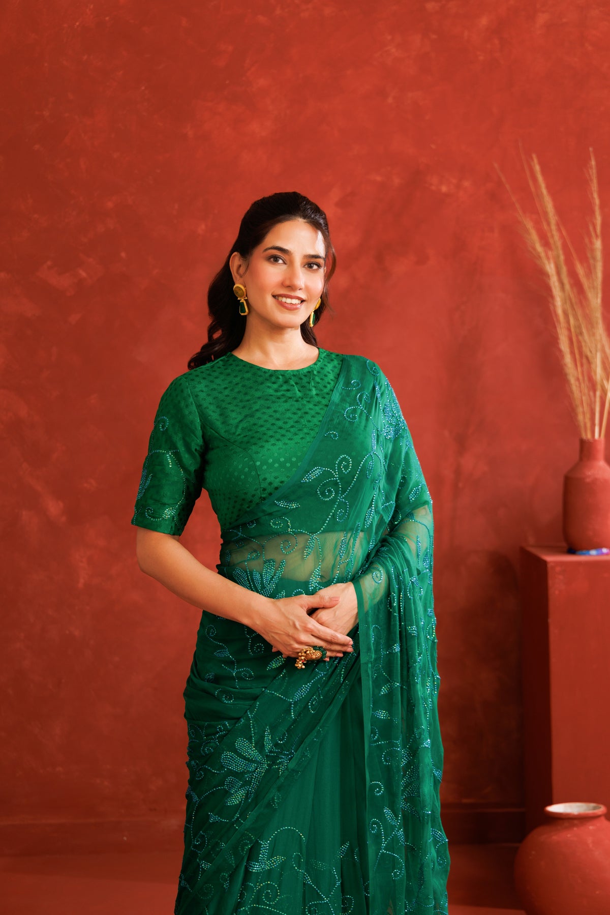 Green Handcrafted Sequins Jaal Chiffon Saree