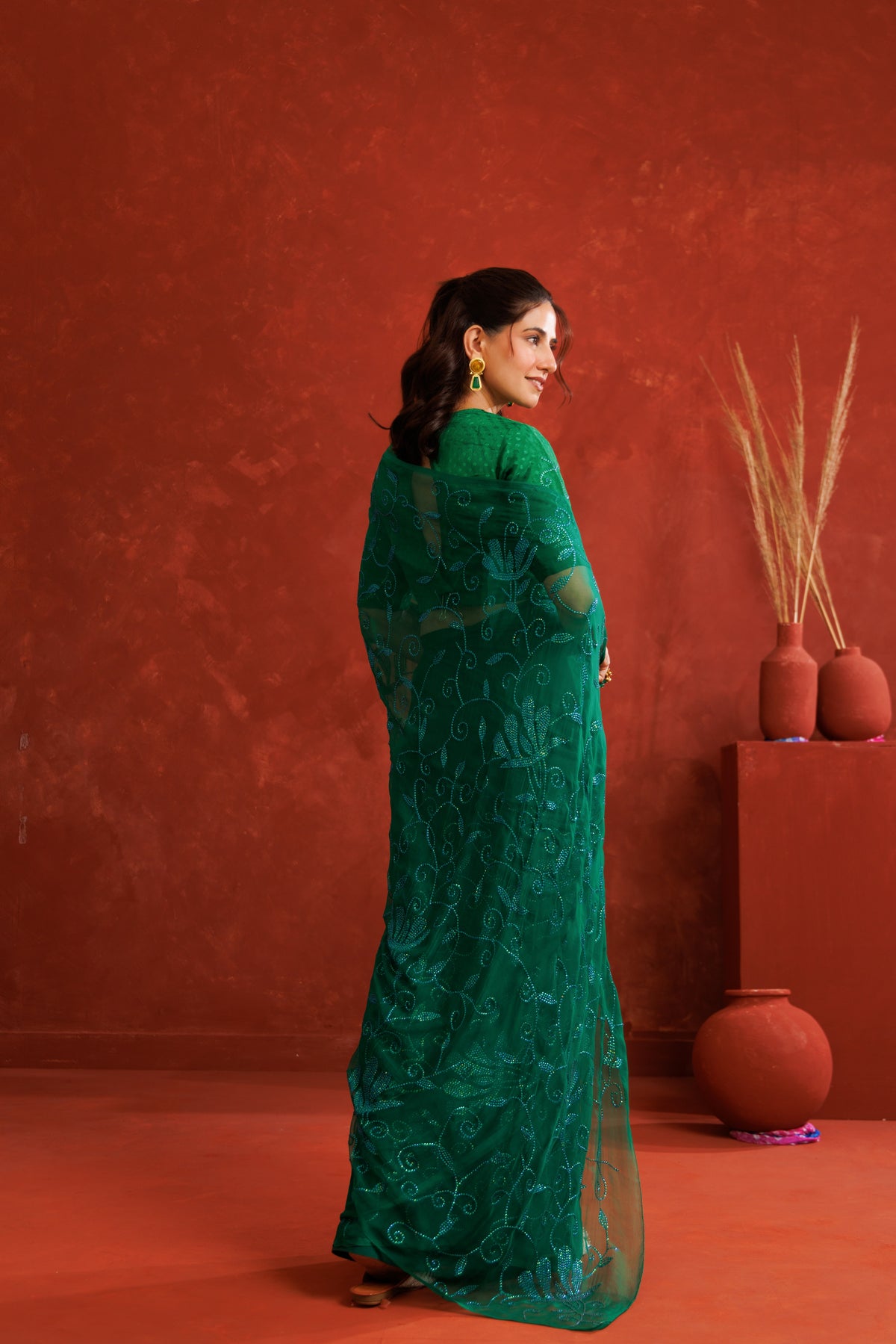 Green Handcrafted Sequins Jaal Chiffon Saree