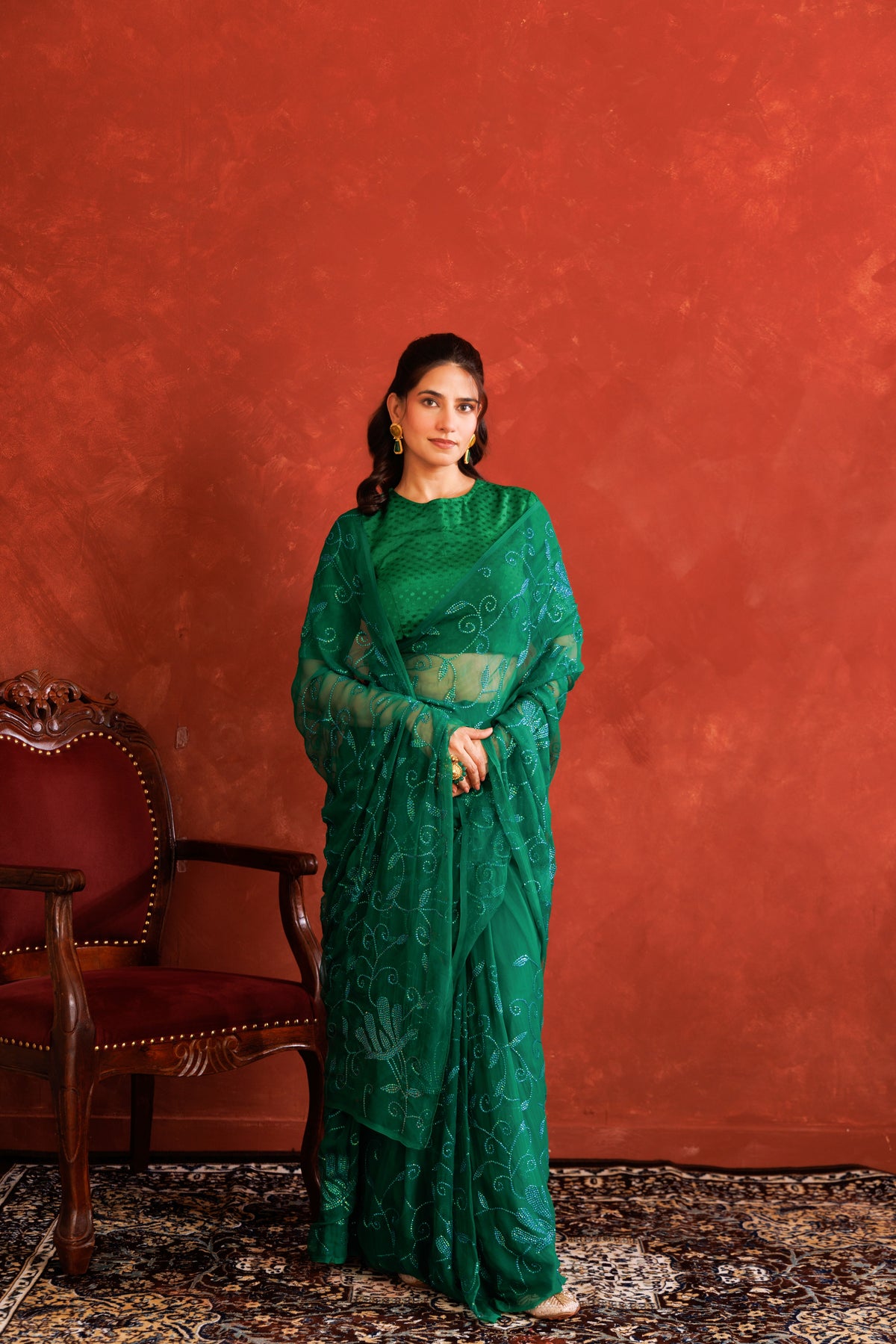 Green Handcrafted Sequins Jaal Chiffon Saree