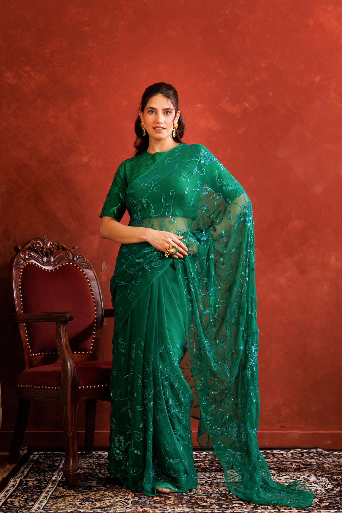 Green Handcrafted Sequins Jaal Chiffon Saree