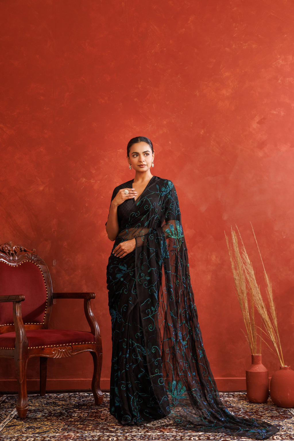 Black Hand Embellished Sequins Jaal Work Chiffon Saree
