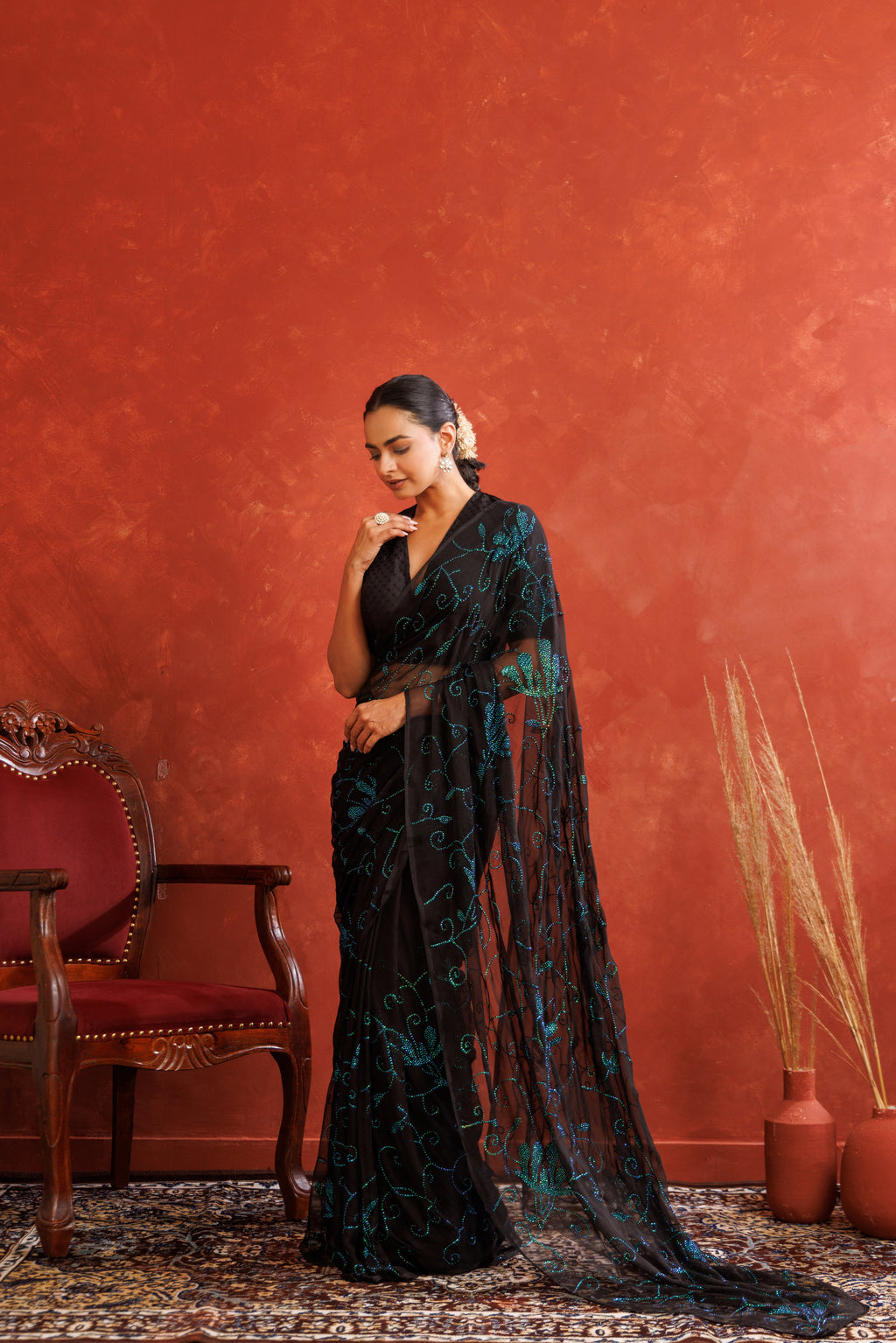Black Hand Embellished Sequins Jaal Work Chiffon Saree