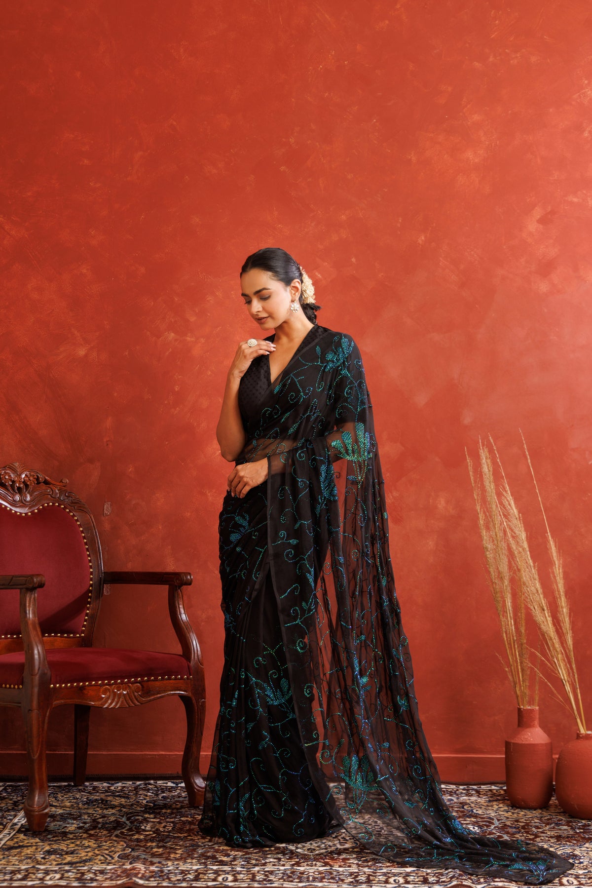 Black Hand Embellished Sequins Jaal Work Chiffon Saree