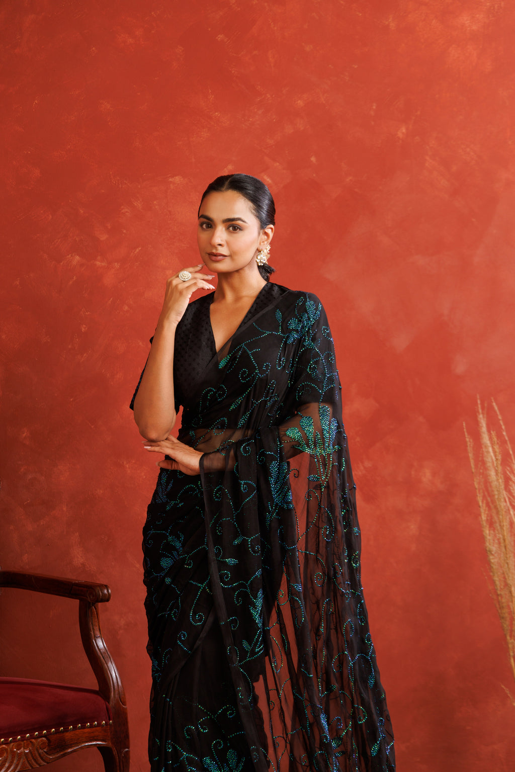 Black Hand Embellished Sequins Jaal Work Chiffon Saree