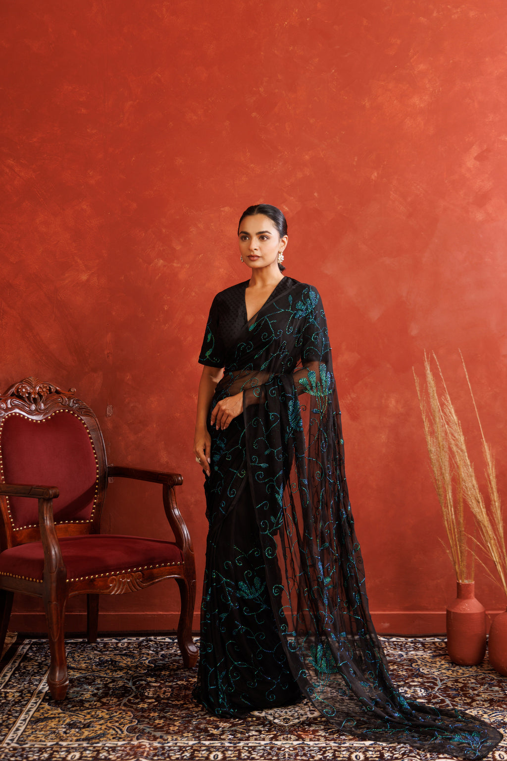Black Hand Embellished Sequins Jaal Work Chiffon Saree