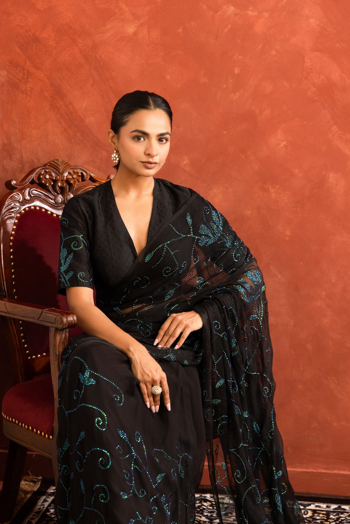 Black Hand Embellished Sequins Jaal Work Chiffon Saree