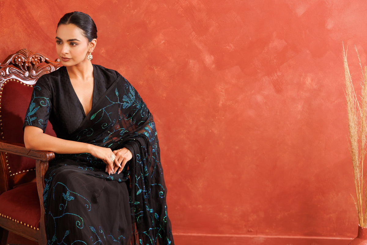 Black Hand Embellished Sequins Jaal Work Chiffon Saree