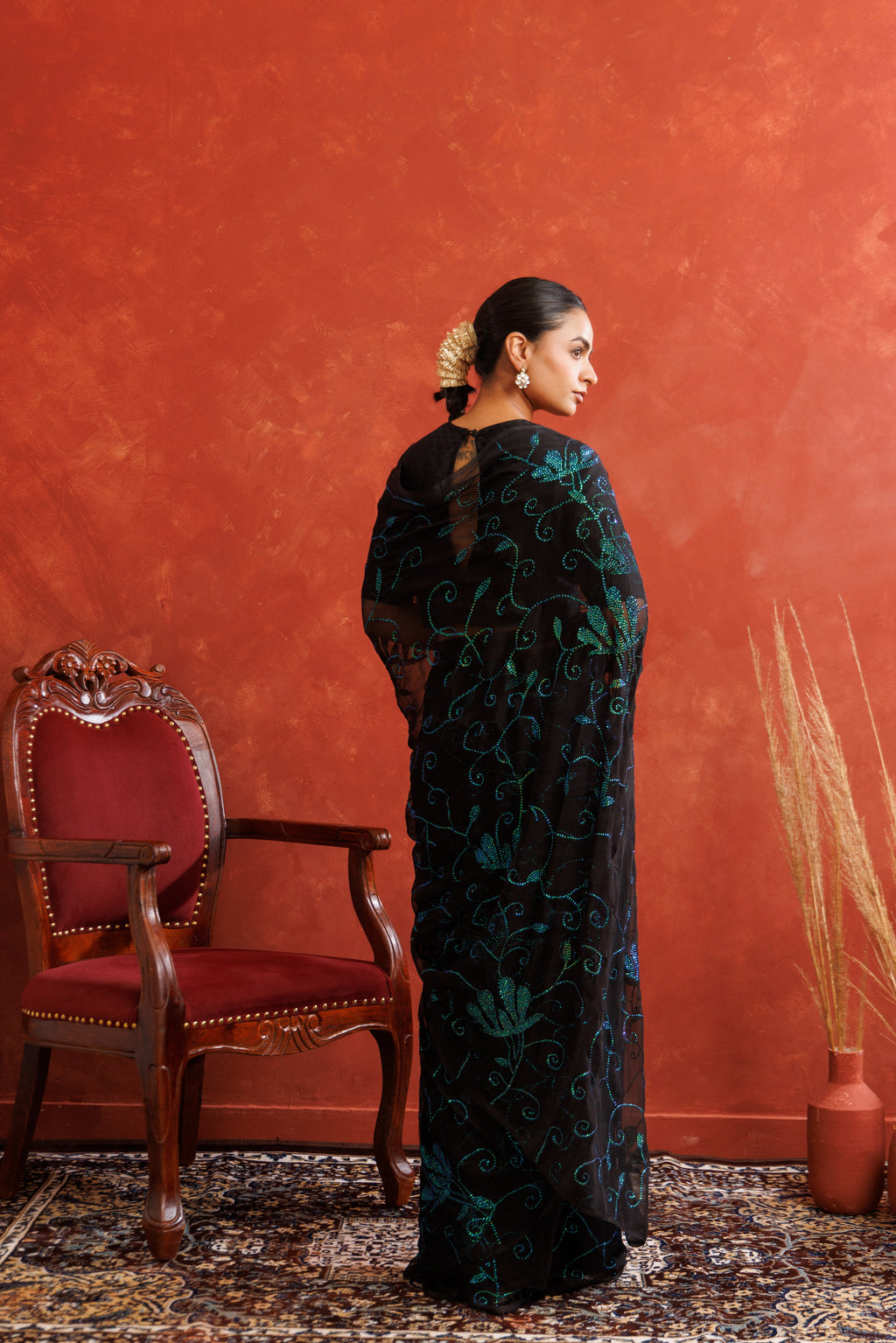 Black Hand Embellished Sequins Jaal Work Chiffon Saree