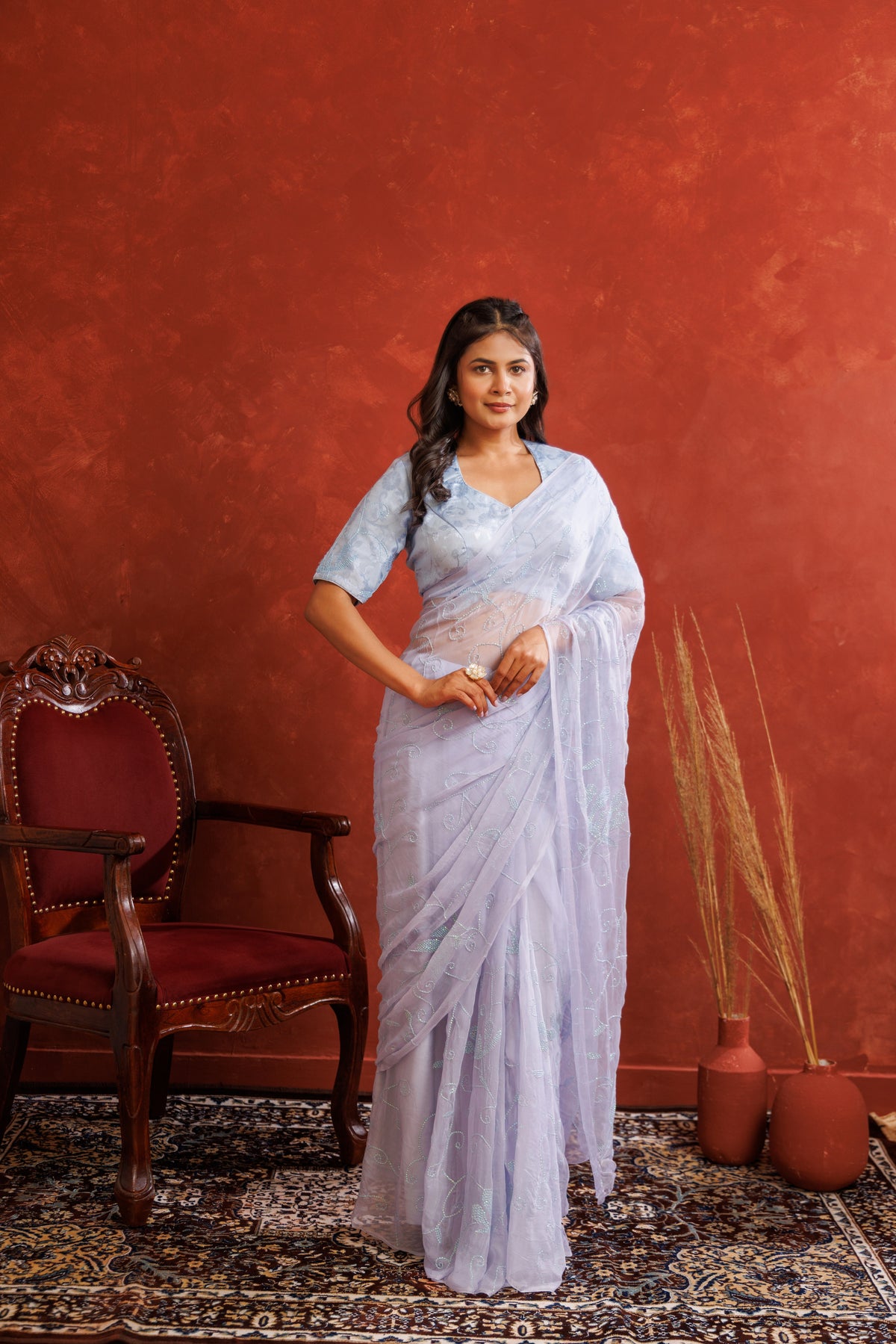 Lavender Chiffon Hand Embroidered Sequins Jaal Saree