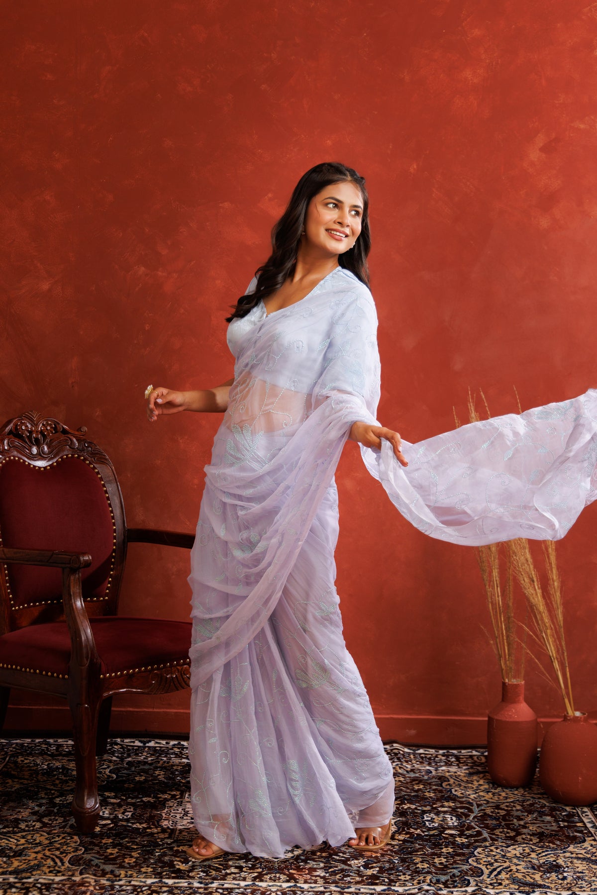 Lavender Chiffon Hand Embroidered Sequins Jaal Saree