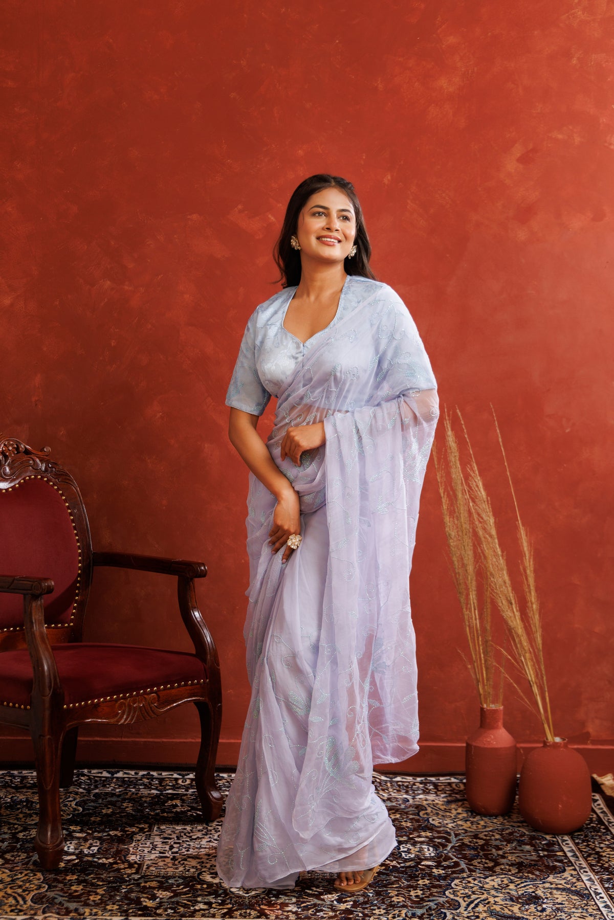 Lavender Chiffon Hand Embroidered Sequins Jaal Saree
