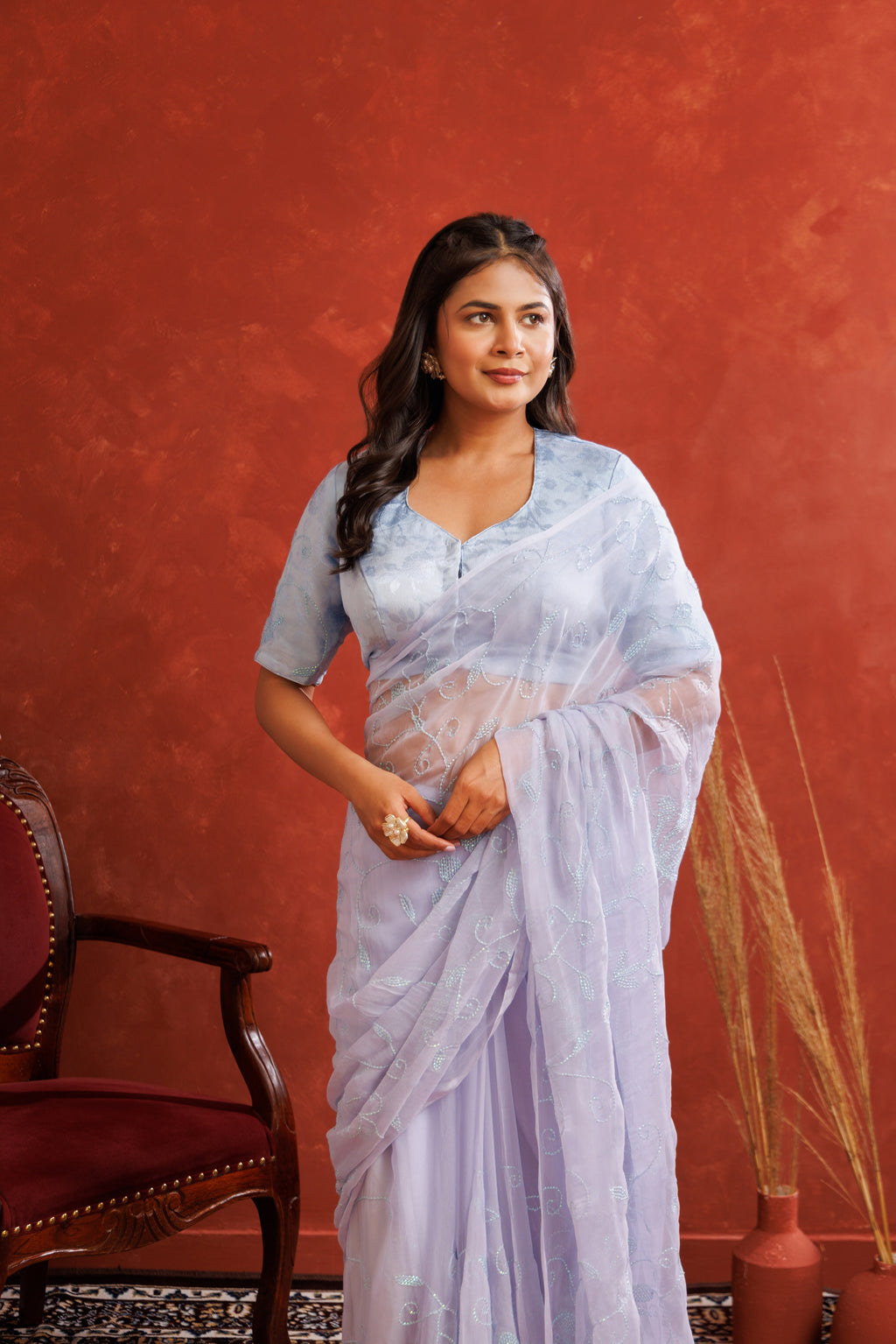 Lavender Chiffon Hand Embroidered Sequins Jaal Saree