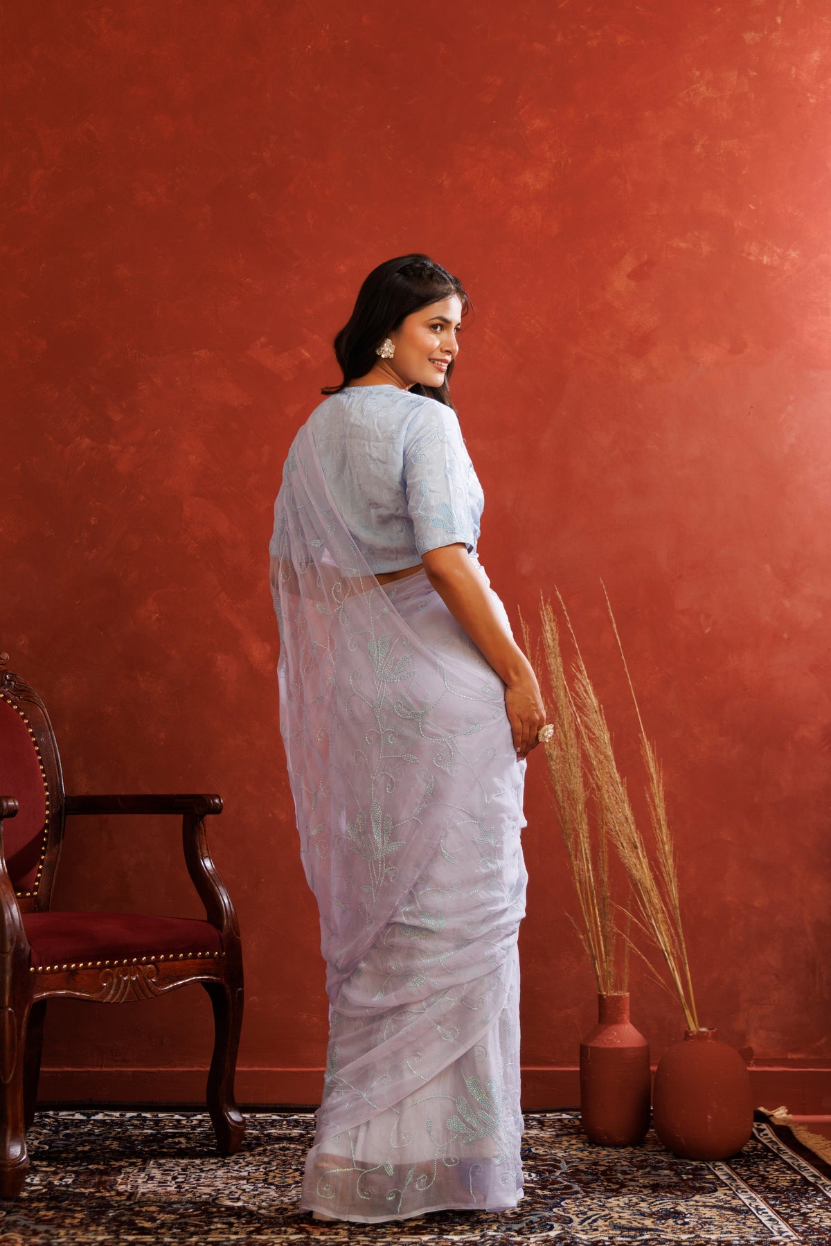 Lavender Chiffon Hand Embroidered Sequins Jaal Saree