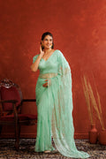 Sea Green Chiffon Hand Embroidered Sequins Jaal Saree