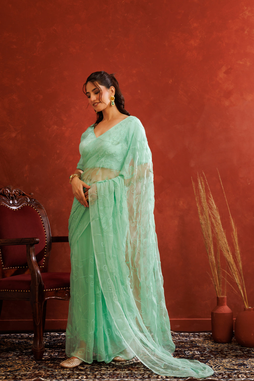 Sea Green Chiffon Hand Embroidered Sequins Jaal Saree
