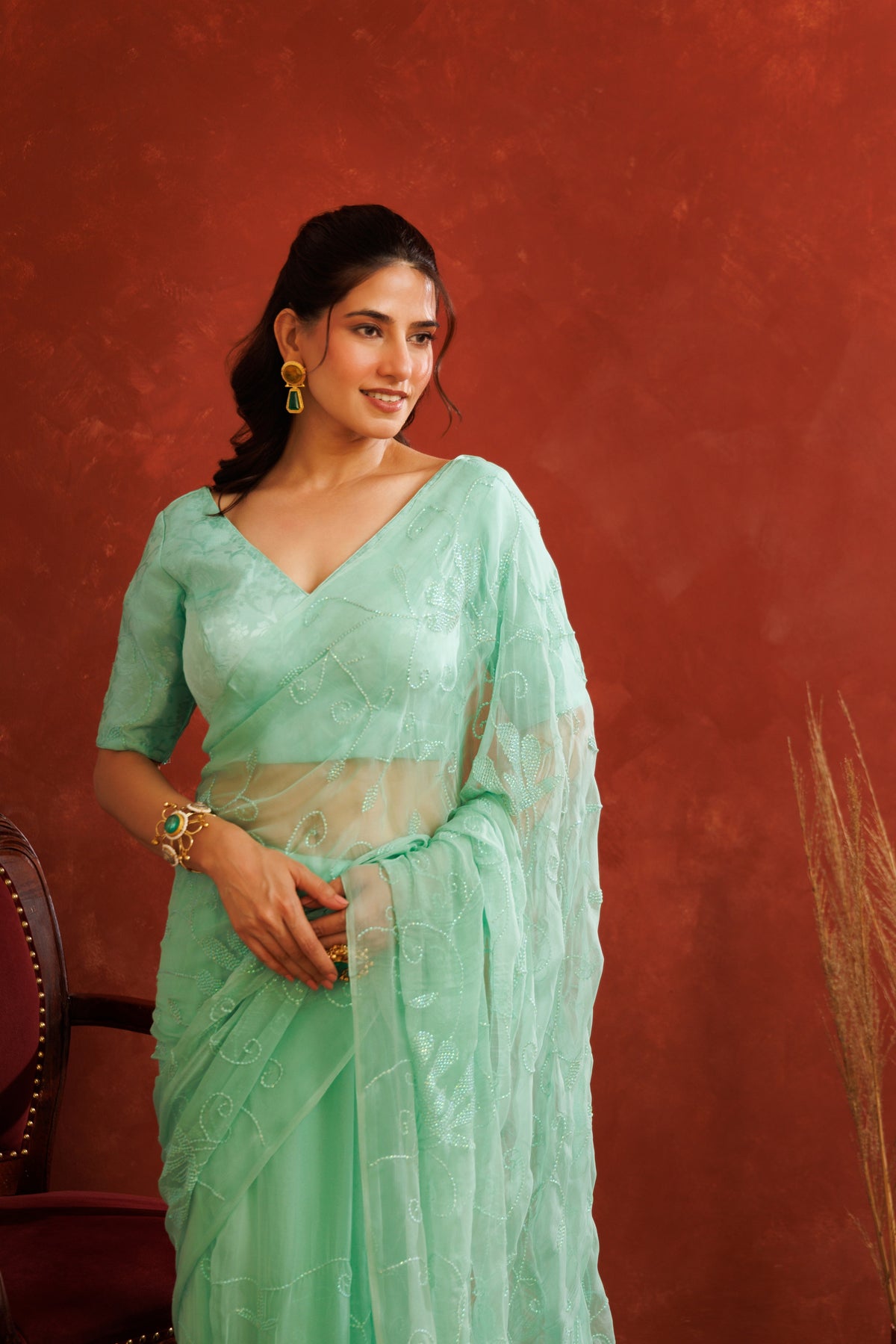 Sea Green Chiffon Hand Embroidered Sequins Jaal Saree