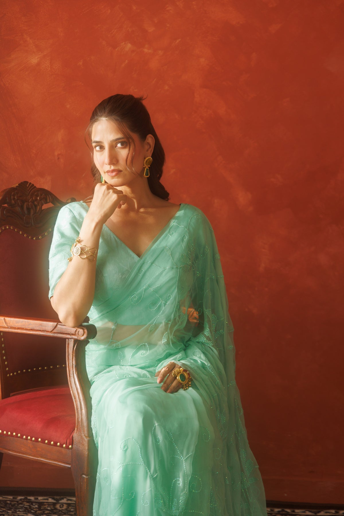 Sea Green Chiffon Hand Embroidered Sequins Jaal Saree